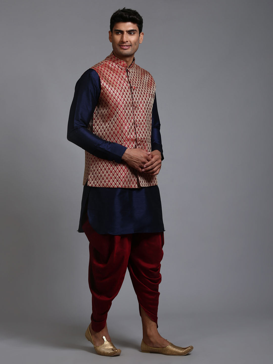 Men's Navy Blue Silk Blend Straight Jacket Kurta and Dhoti Set