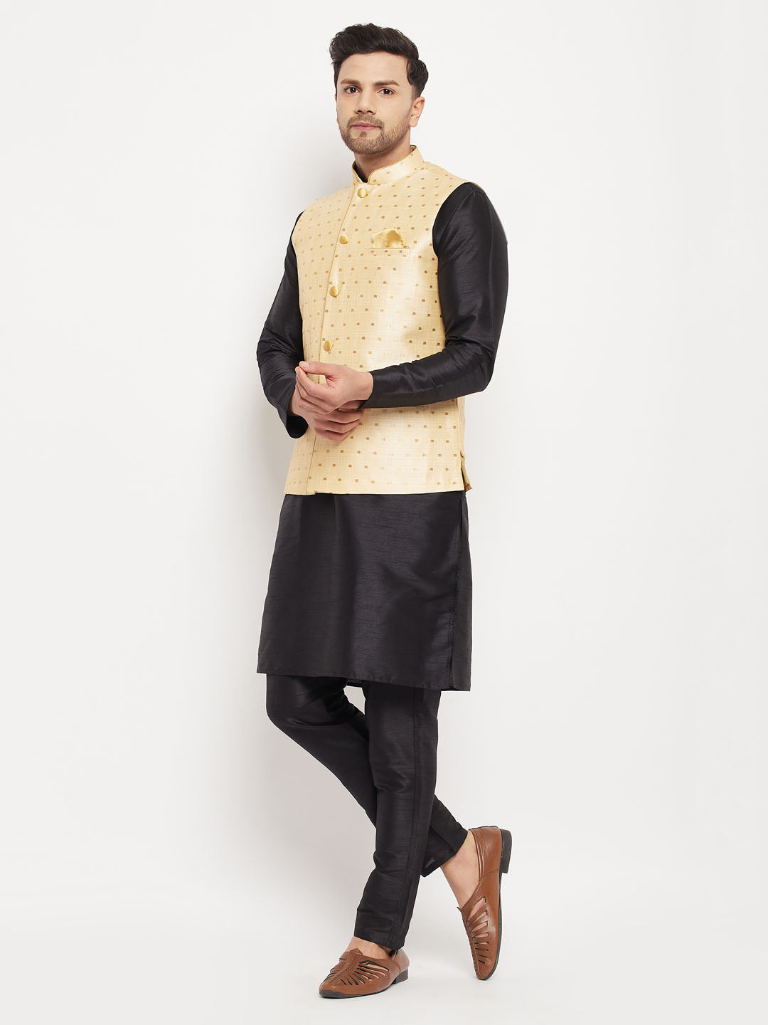 Men's Black Silk Blend Straight Jacket Kurta and Pyjama Set