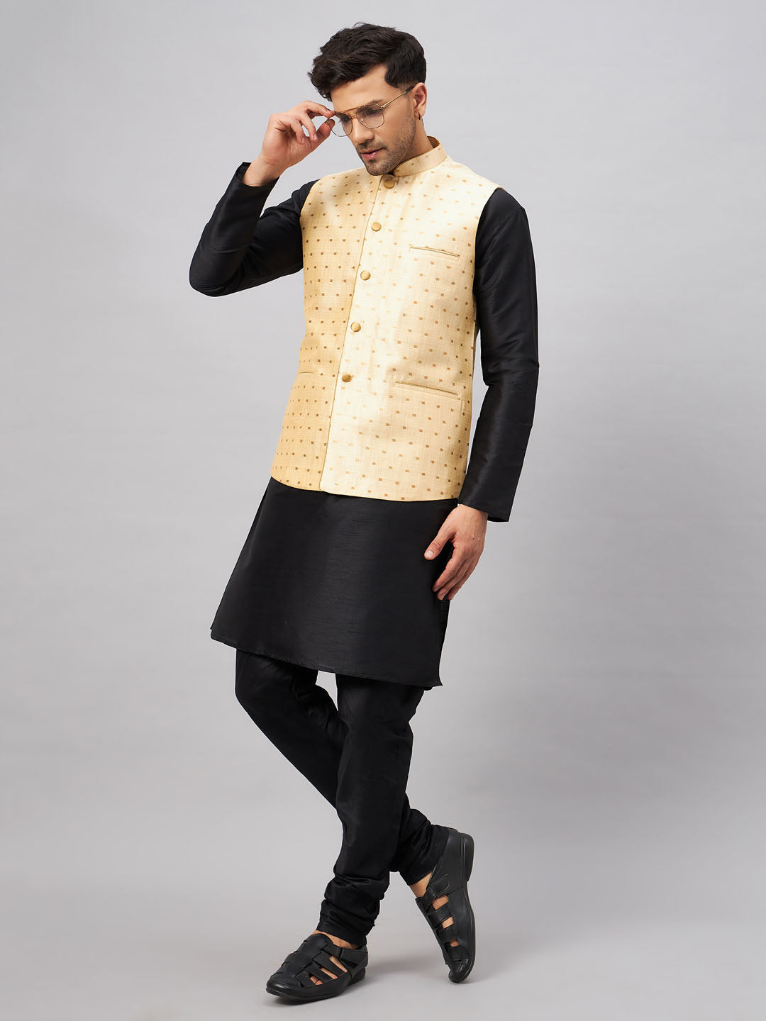 Men's Black Silk Blend Straight Jacket Kurta and Pyjama Set