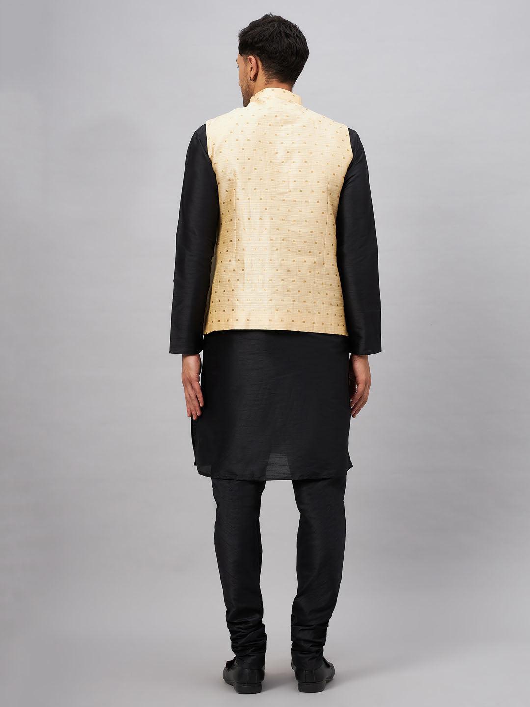 Men's Black Silk Blend Straight Jacket Kurta and Pyjama Set