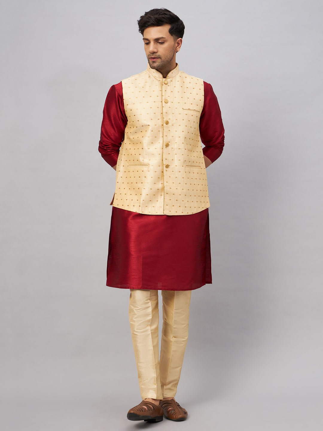 Men's Maroon Silk Blend Straight Jacket Kurta and Pyjama Set