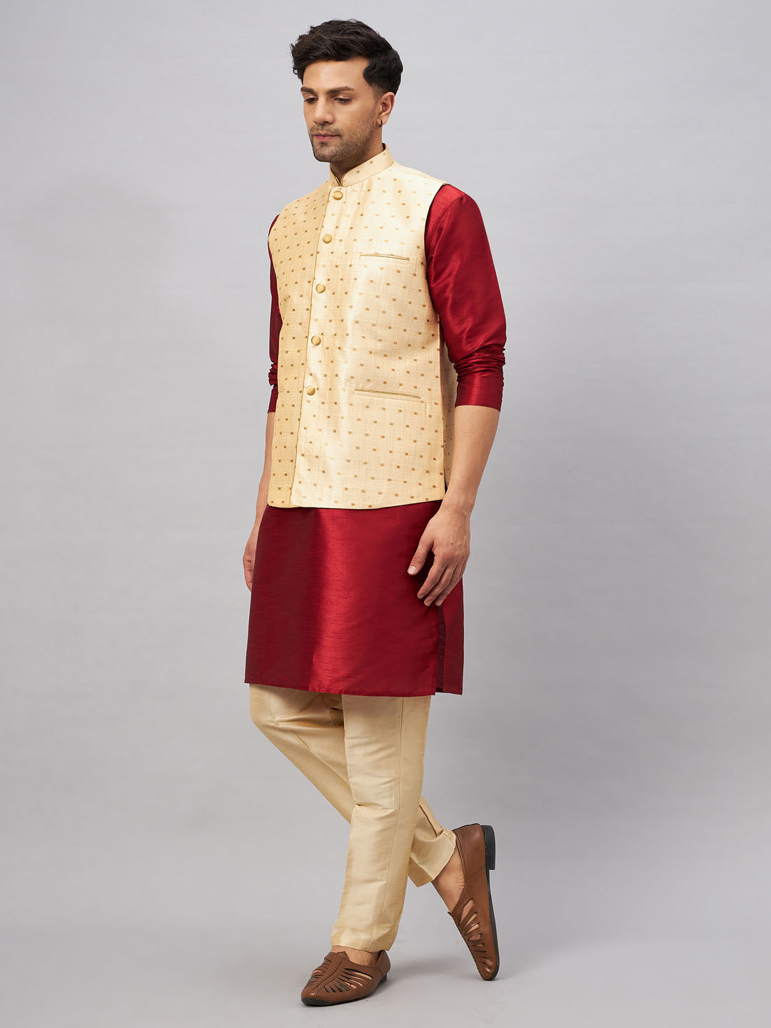 Men's Maroon Silk Blend Straight Jacket Kurta and Pyjama Set