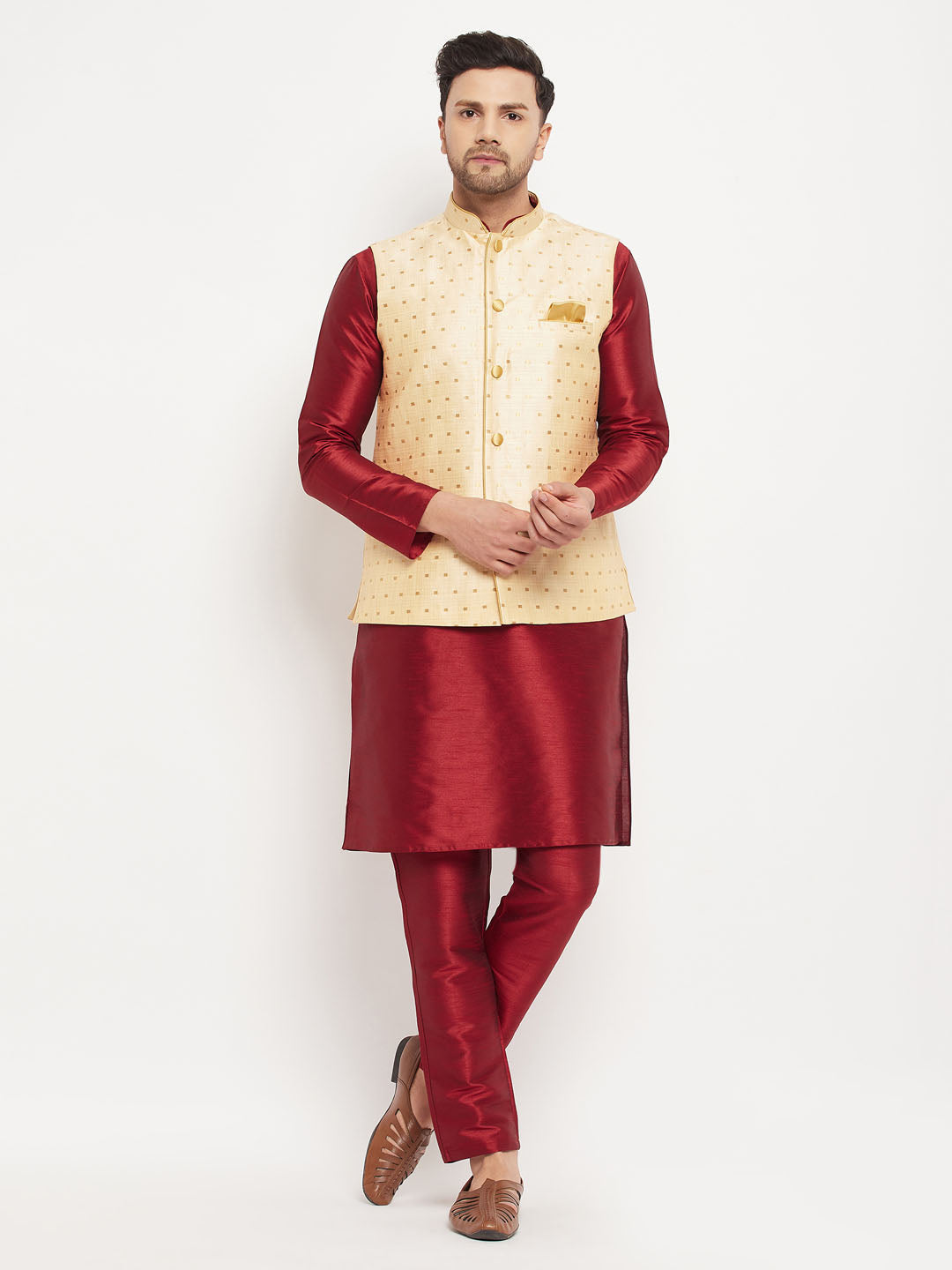 Men's Maroon Silk Blend Straight Jacket Kurta and Pyjama Set