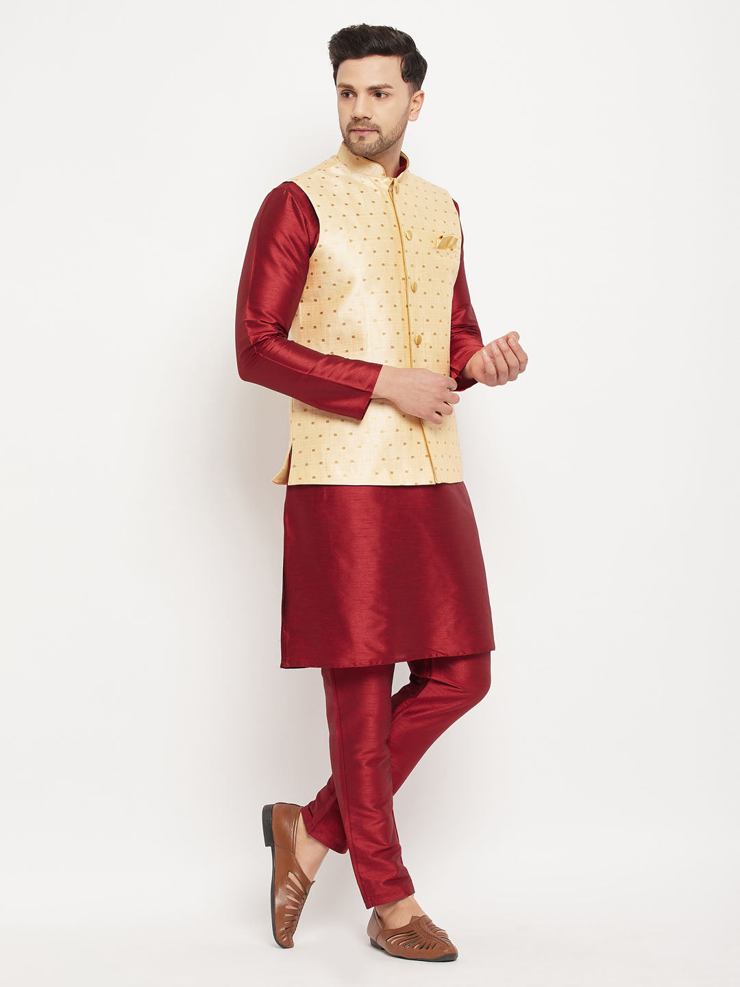 Men's Maroon Silk Blend Straight Jacket Kurta and Pyjama Set