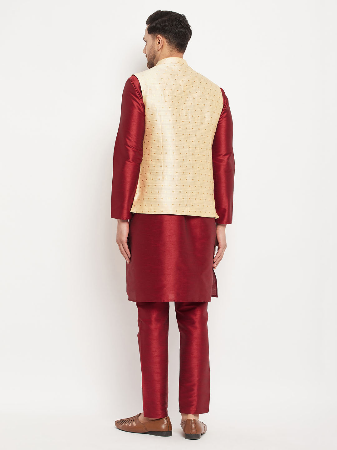 Men's Maroon Silk Blend Straight Jacket Kurta and Pyjama Set