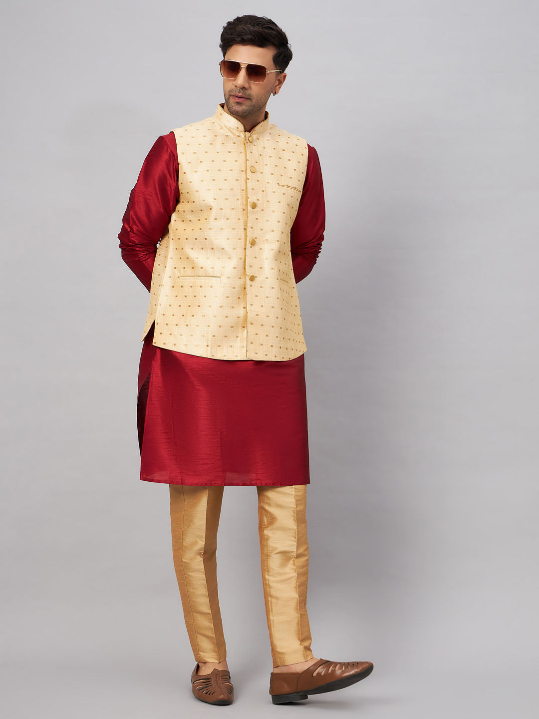 Men's Maroon Silk Blend Straight Jacket Kurta and Pyjama Set