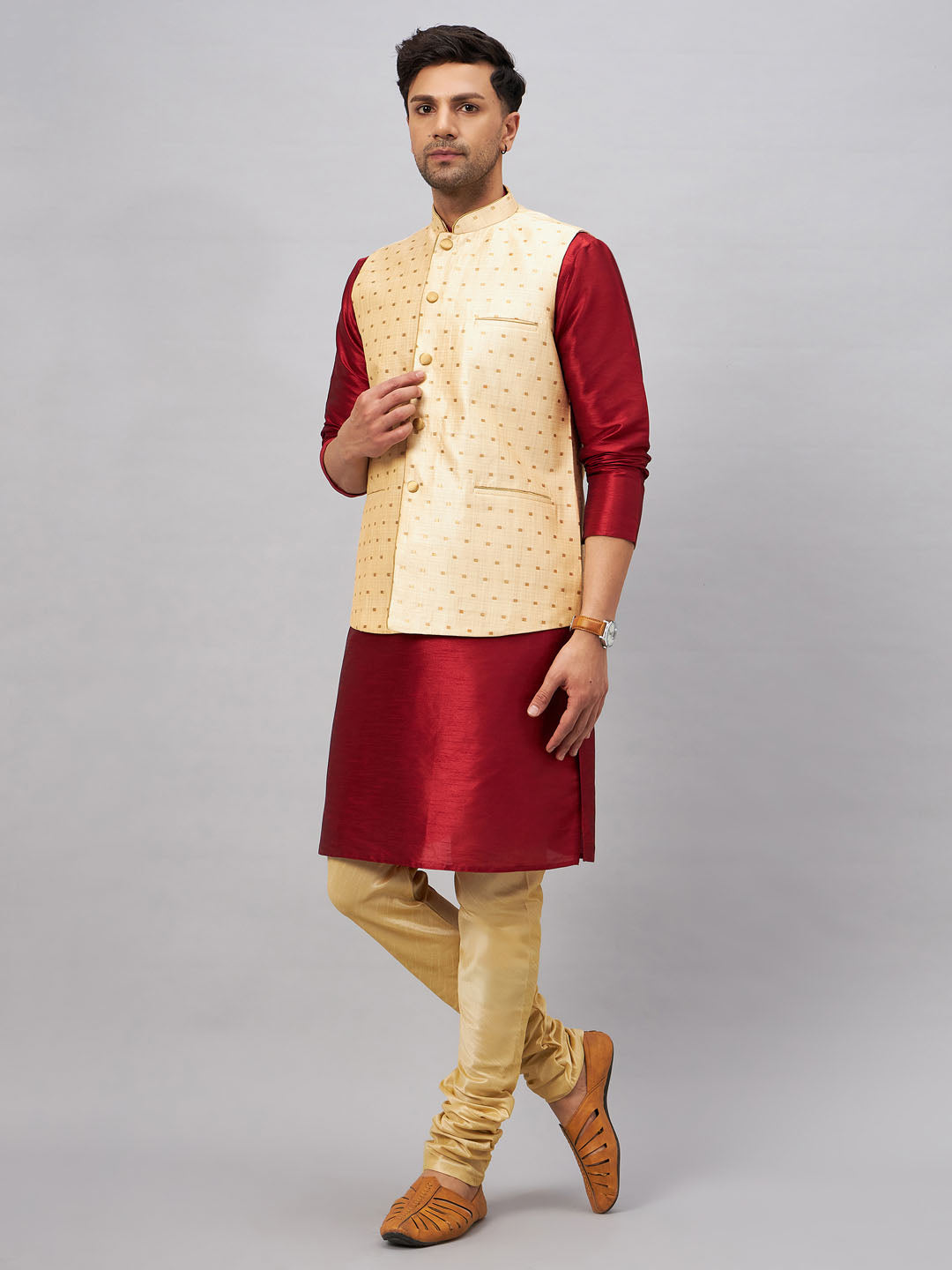Men's Maroon Silk Blend Straight Jacket Kurta and Pyjama Set