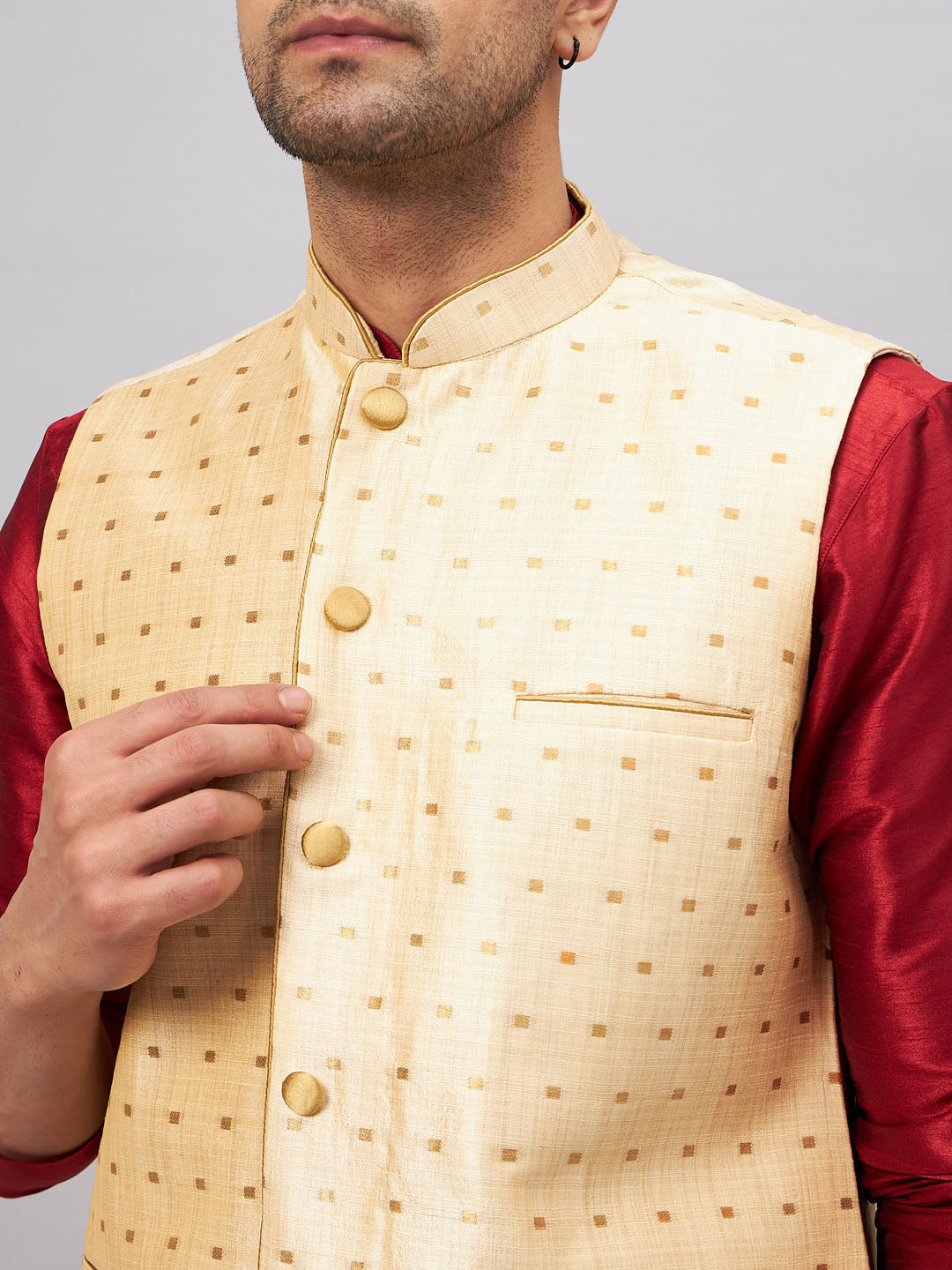 Men's Maroon Silk Blend Straight Jacket Kurta and Pyjama Set