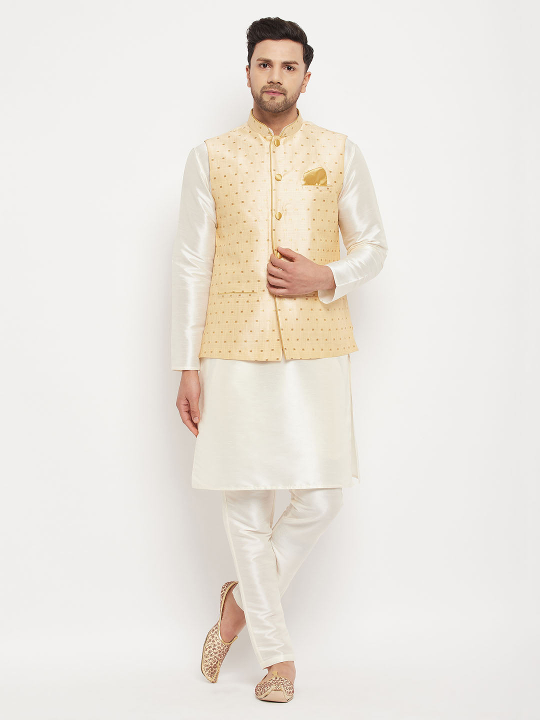 Men's Cream Silk Blend Straight Jacket Kurta and Pyjama Set