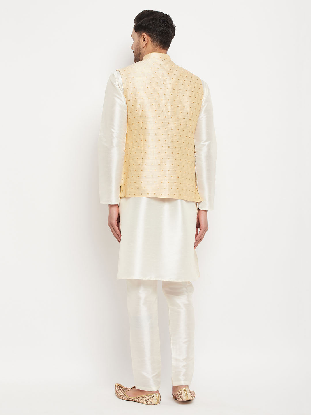 Men's Cream Silk Blend Straight Jacket Kurta and Pyjama Set