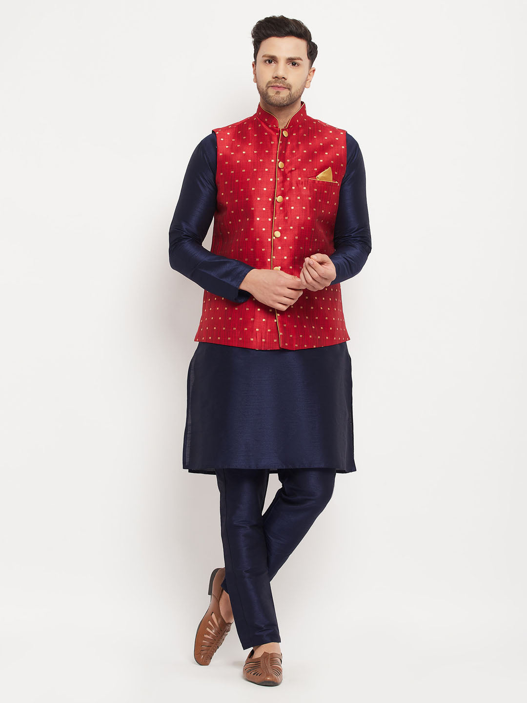 Men's Navy Blue Silk Blend Straight Jacket Kurta and Pyjama Set