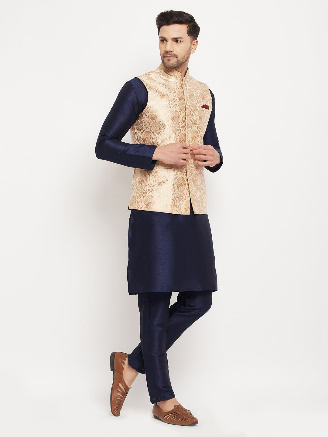 Men's Navy Blue Silk Blend Straight Jacket Kurta and Pyjama Set
