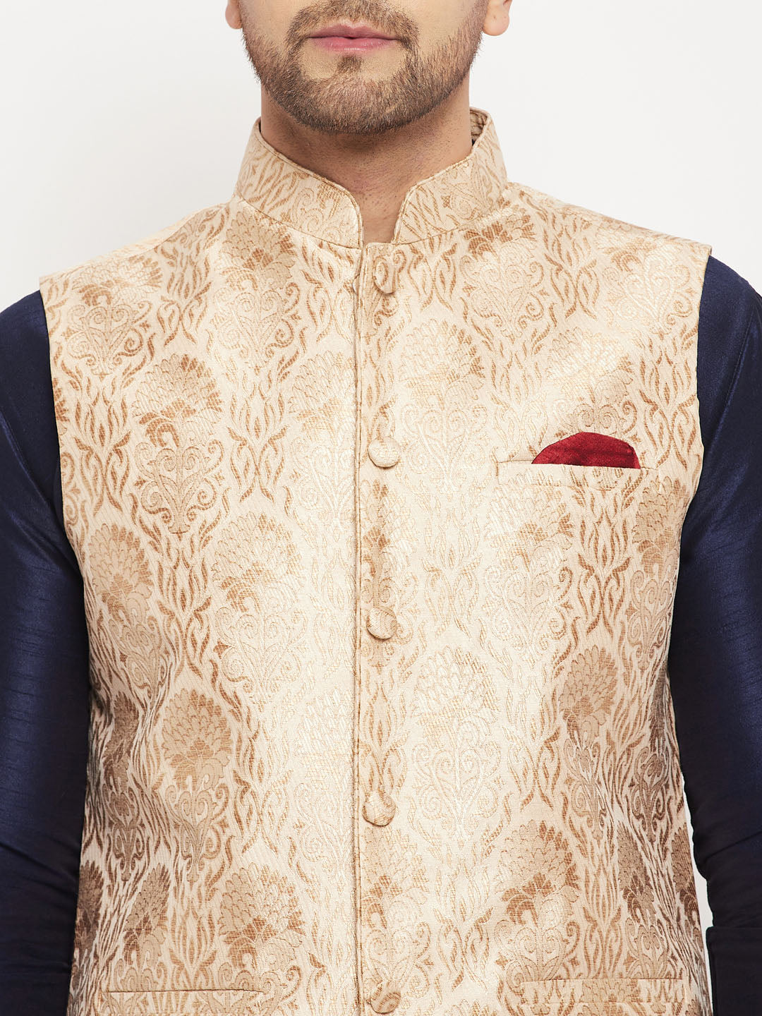 Men's Navy Blue Silk Blend Straight Jacket Kurta and Pyjama Set