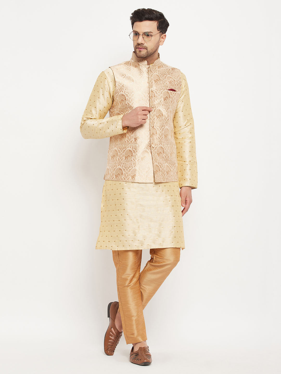Men's Gold Silk Blend Straight Jacket Kurta and Pyjama Set
