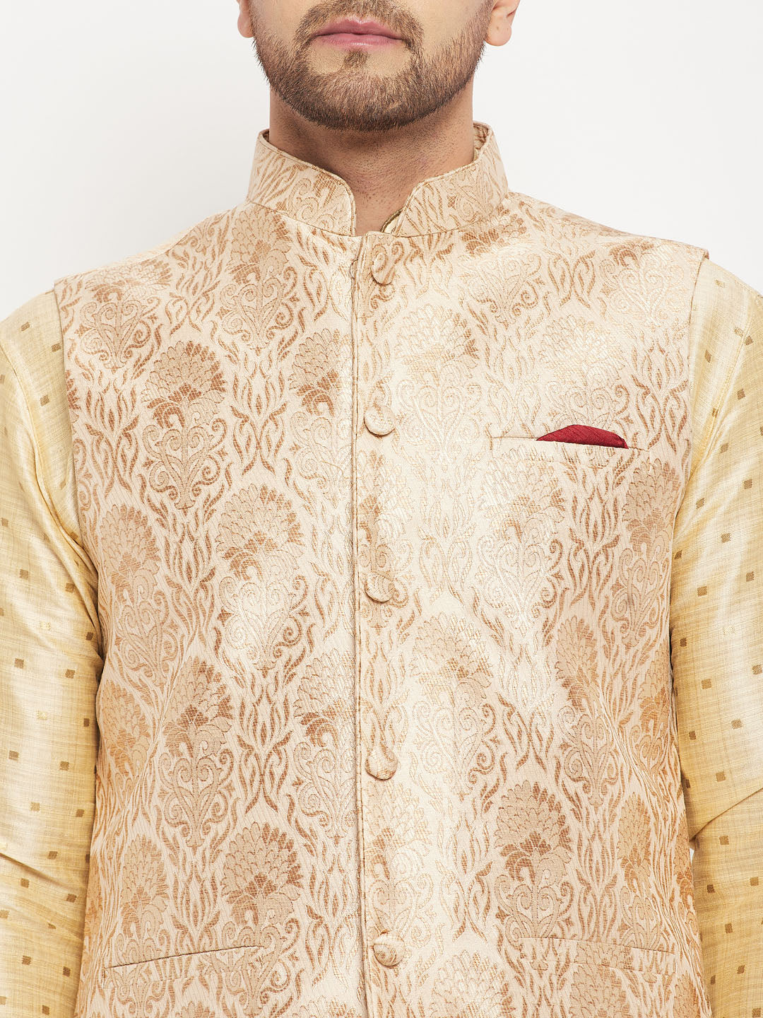 Men's Gold Silk Blend Straight Jacket Kurta and Pyjama Set