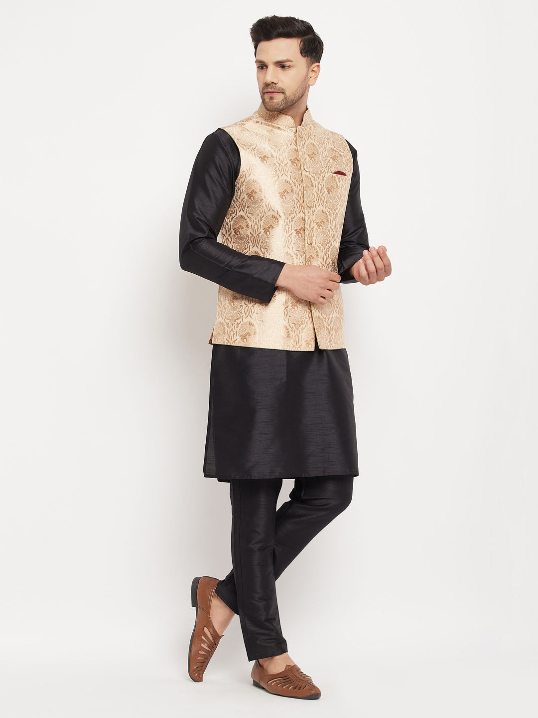 Men's Black Silk Blend Straight Jacket Kurta and Pyjama Set