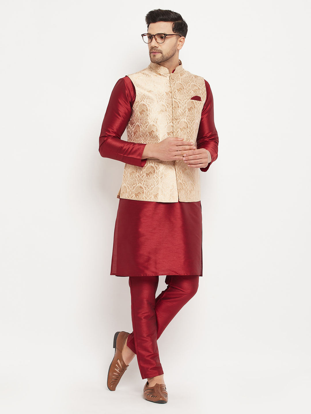 Men's Maroon Silk Blend Straight Jacket Kurta and Pyjama Set
