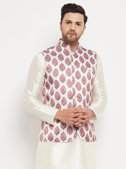 Men's Cream Silk Blend Straight Jacket  Kurta and Pyjama Set