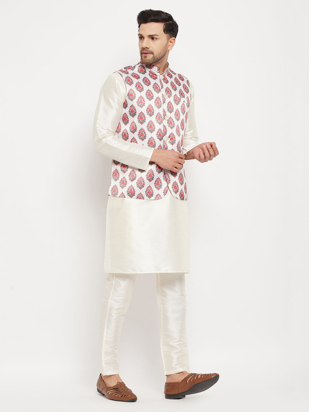 Men's Cream Silk Blend Straight Jacket Kurta and Pyjama Set