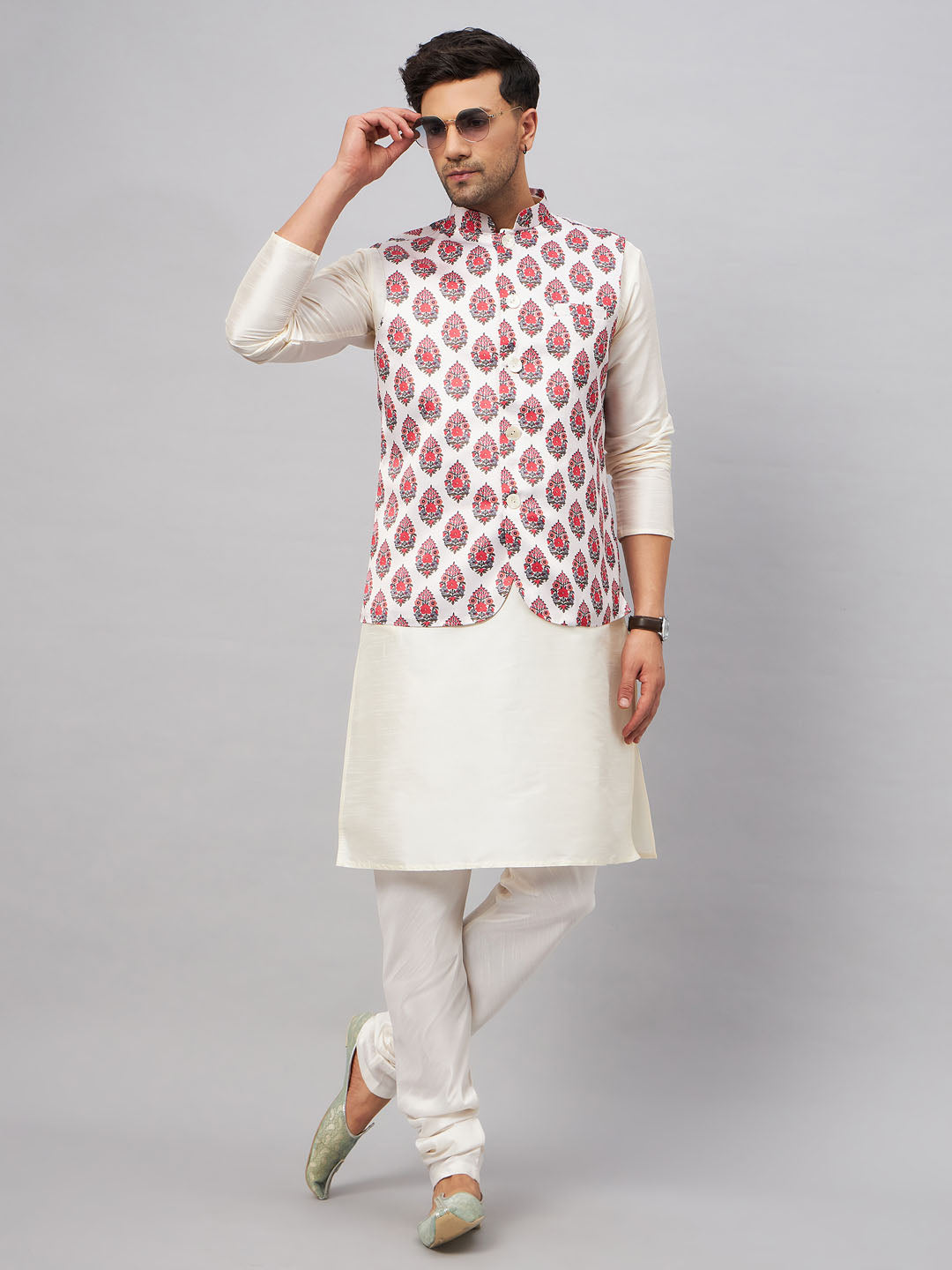 Men's Cream Silk Blend Straight Jacket Kurta and Pyjama Set