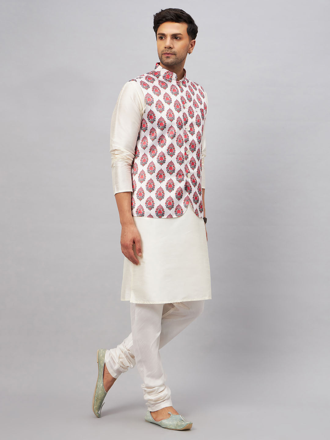 Men's Cream Silk Blend Straight Jacket Kurta and Pyjama Set
