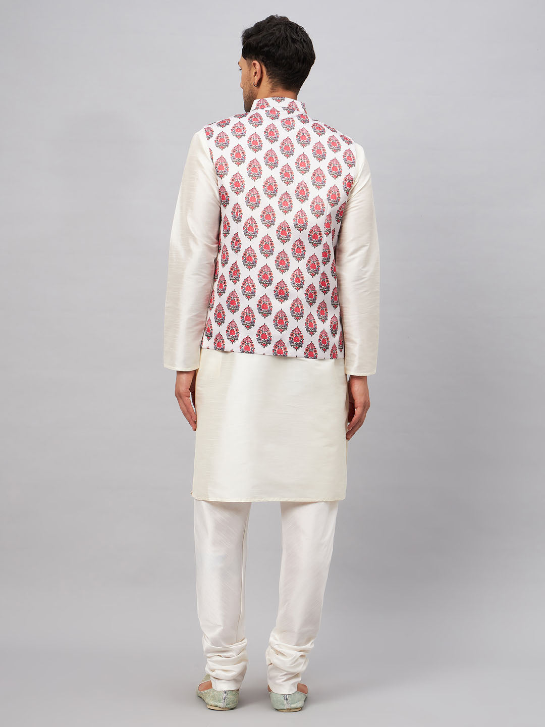 Men's Cream Silk Blend Straight Jacket Kurta and Pyjama Set