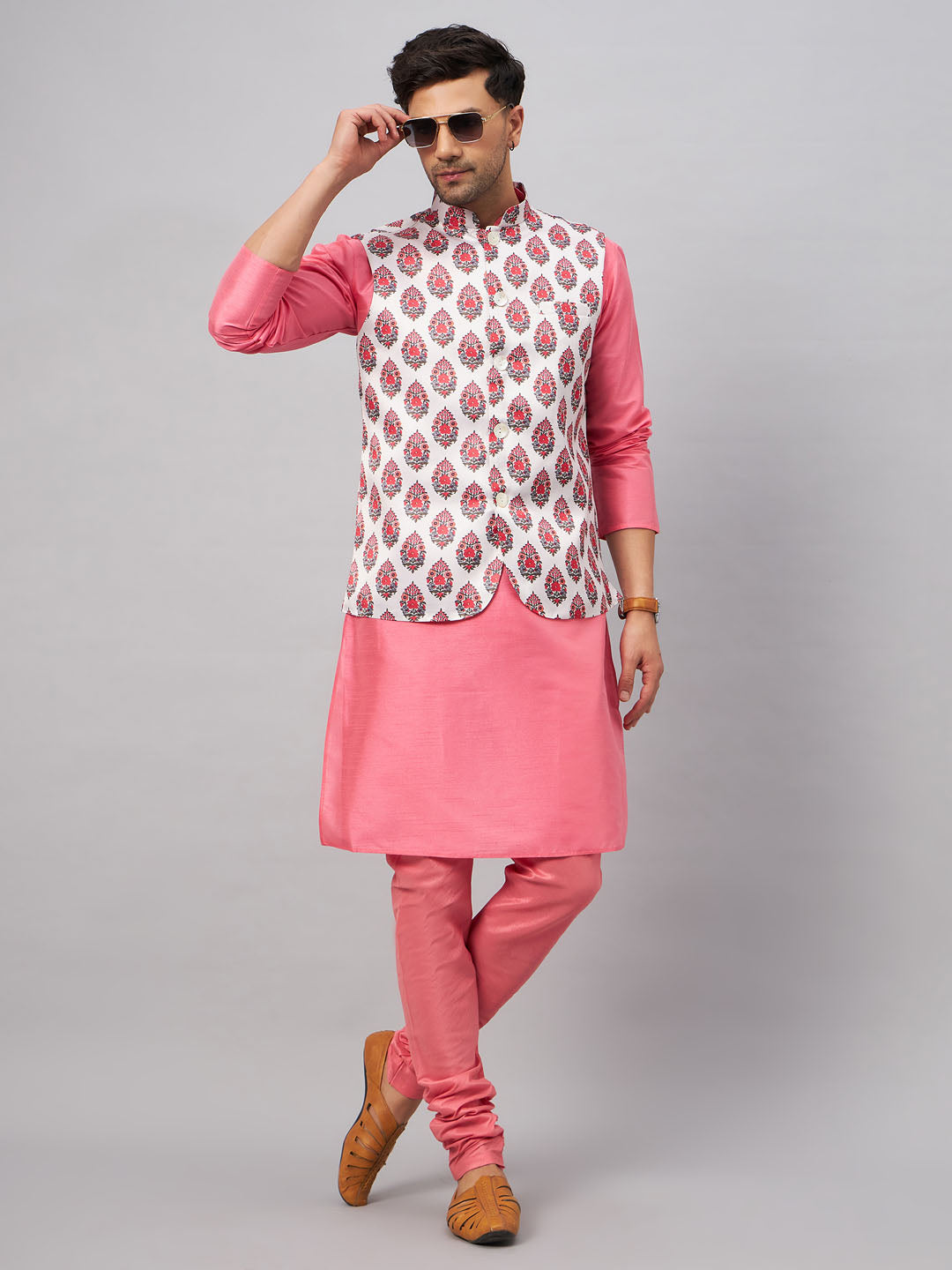 Men's Pink Silk Blend Straight Jacket Kurta and Pyjama Set