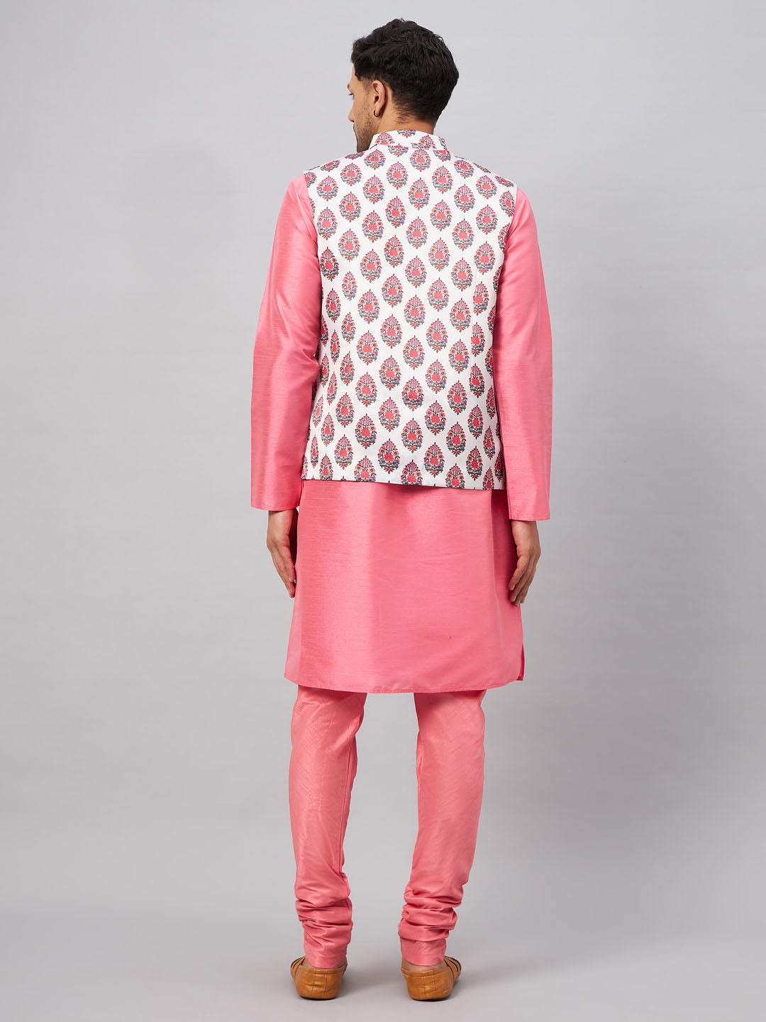 Men's Pink Silk Blend Straight Jacket Kurta and Pyjama Set