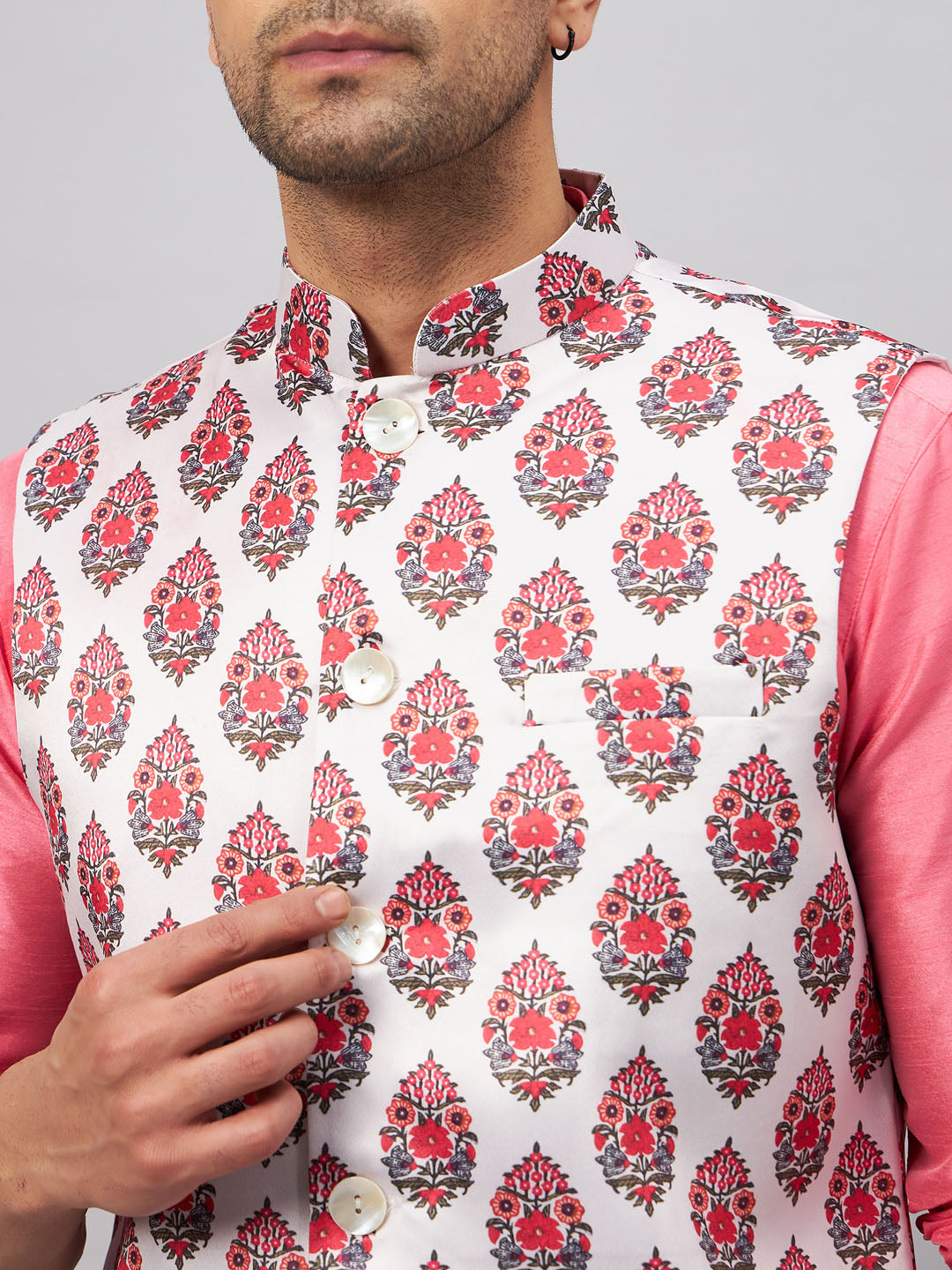 Men's Pink Silk Blend Straight Jacket Kurta and Pyjama Set