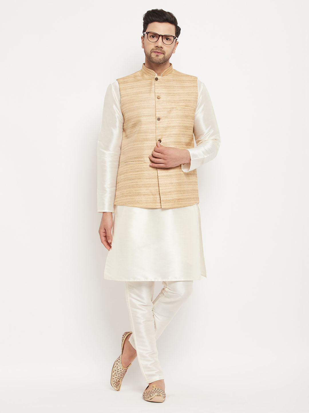 Men's Cream Silk Blend Straight Jacket Kurta and Pyjama Set