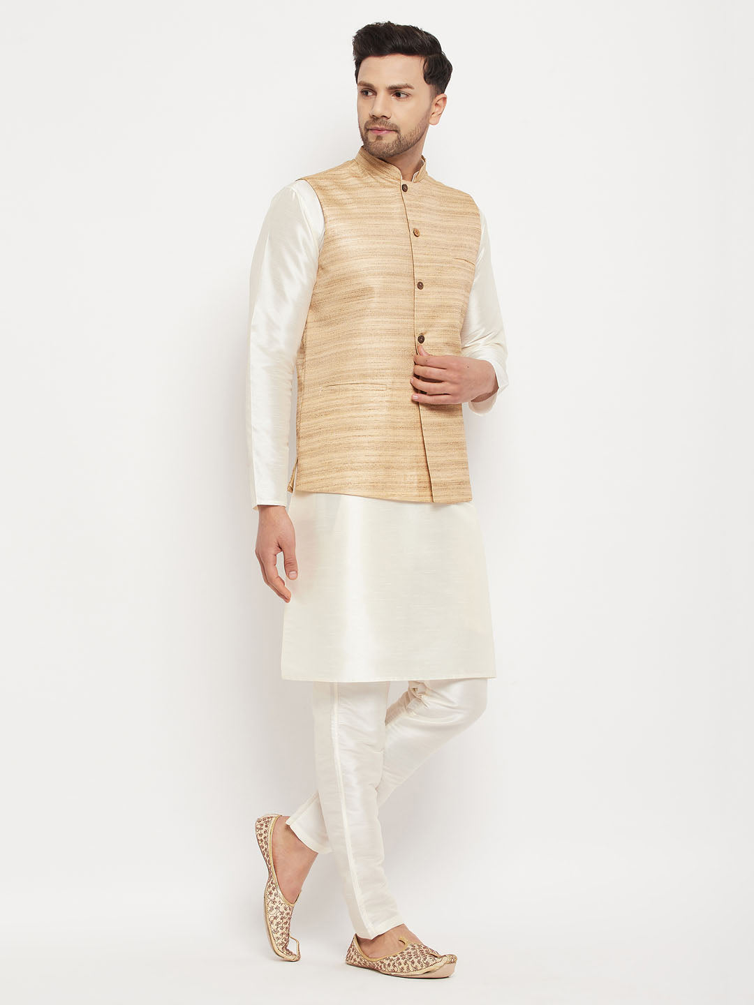 Men's Cream Silk Blend Straight Jacket Kurta and Pyjama Set