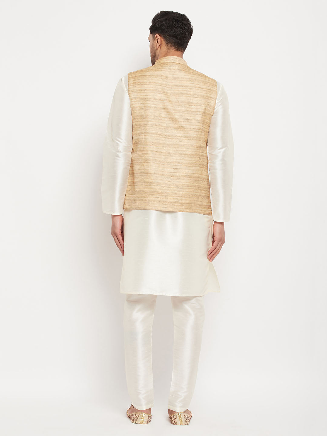 Men's Cream Silk Blend Straight Jacket Kurta and Pyjama Set
