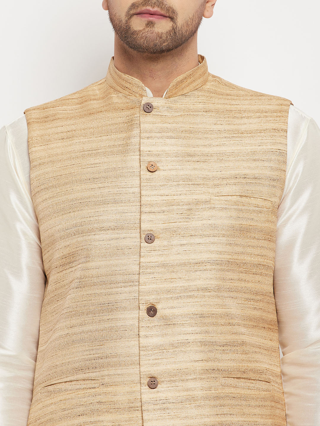 Men's Cream Silk Blend Straight Jacket Kurta and Pyjama Set