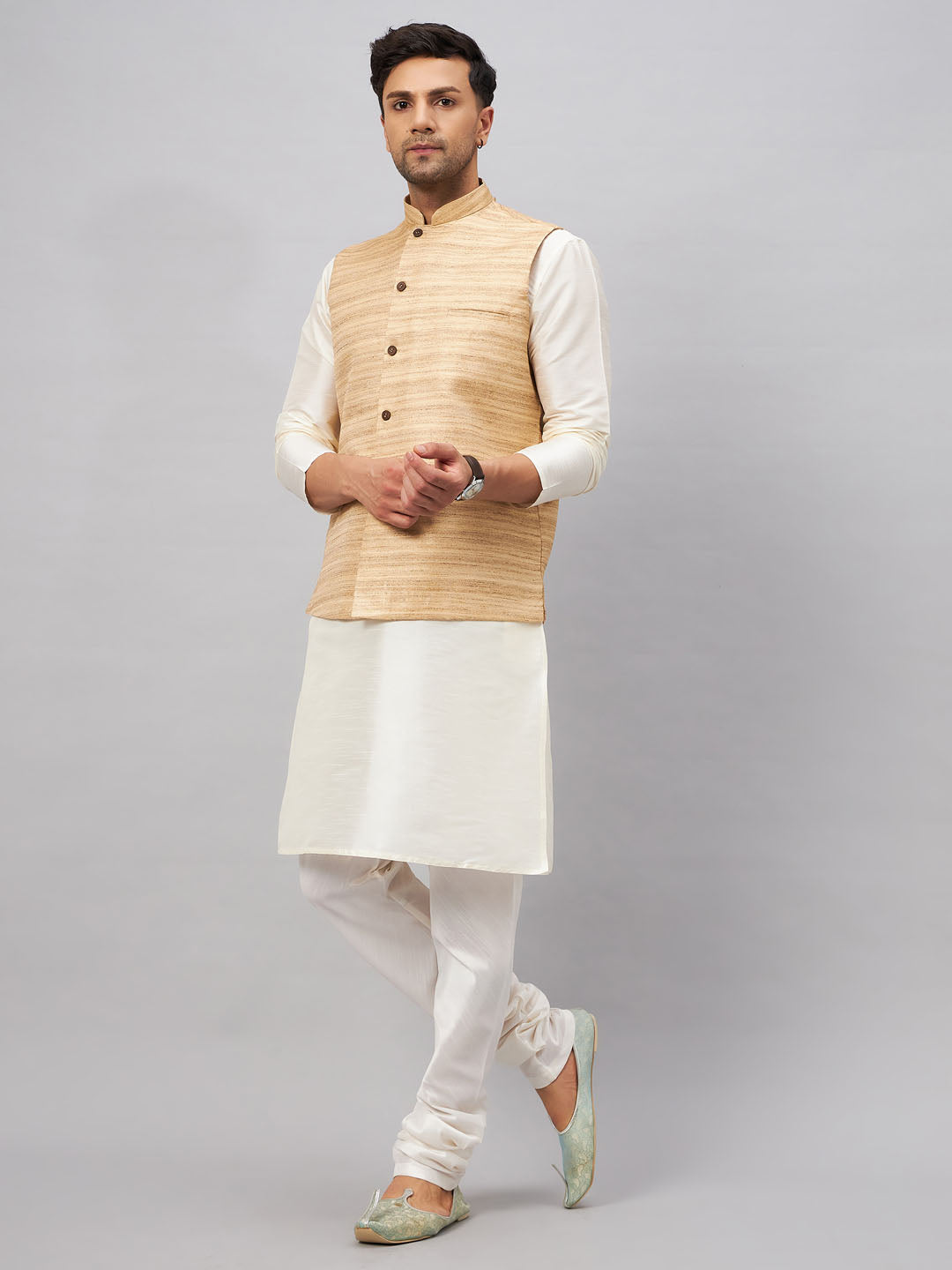 Men's Cream Silk Blend Straight Jacket Kurta and Pyjama Set