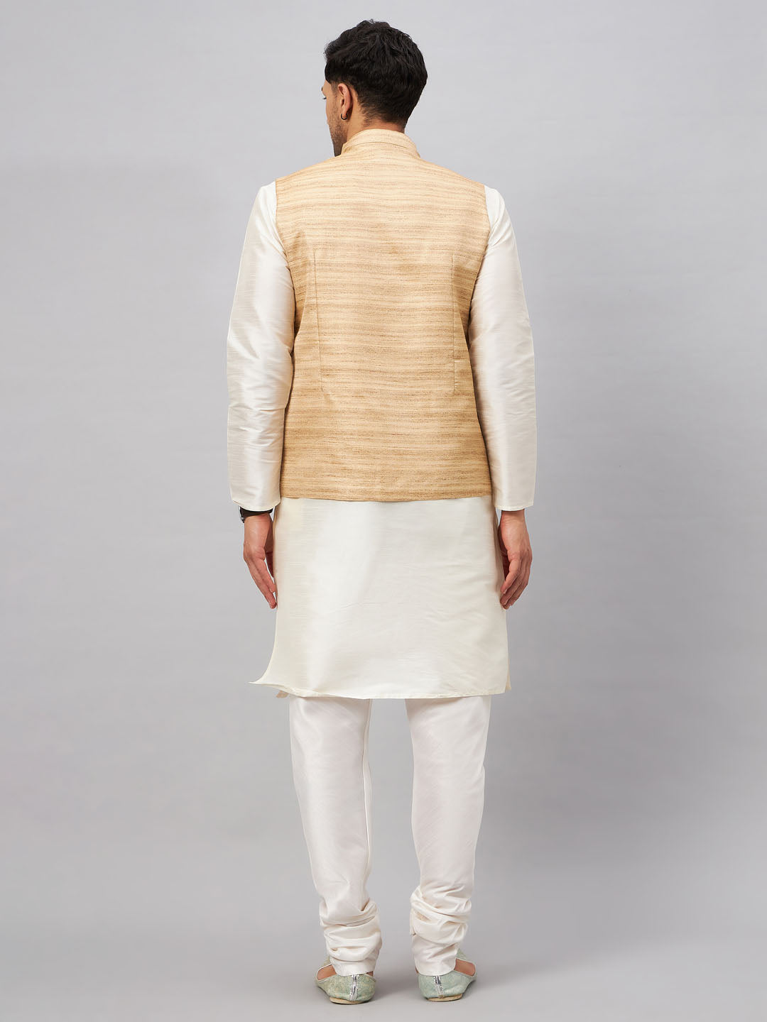 Men's Cream Silk Blend Straight Jacket Kurta and Pyjama Set