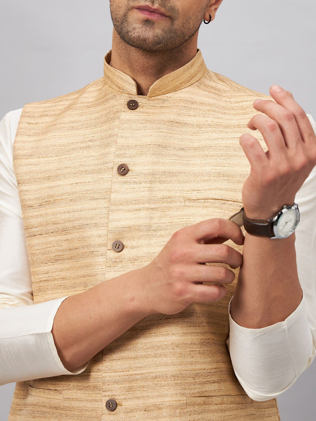 Men's Cream Silk Blend Straight Jacket Kurta and Pyjama Set