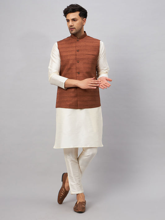 Men's Cream Silk Blend Straight Jacket  Kurta and Pyjama Set