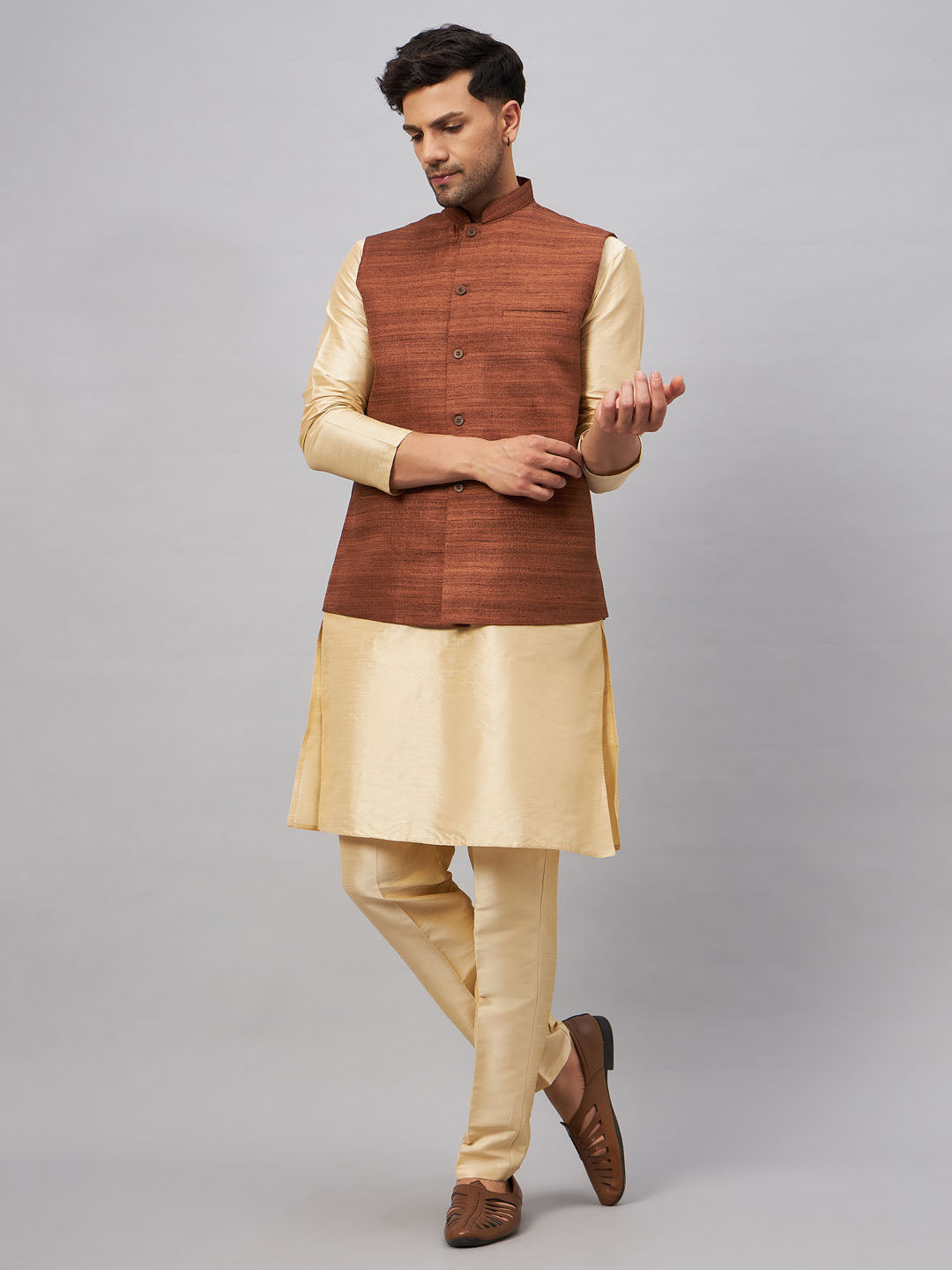 Men's Gold Silk Blend Straight Jacket Kurta and Pyjama Set