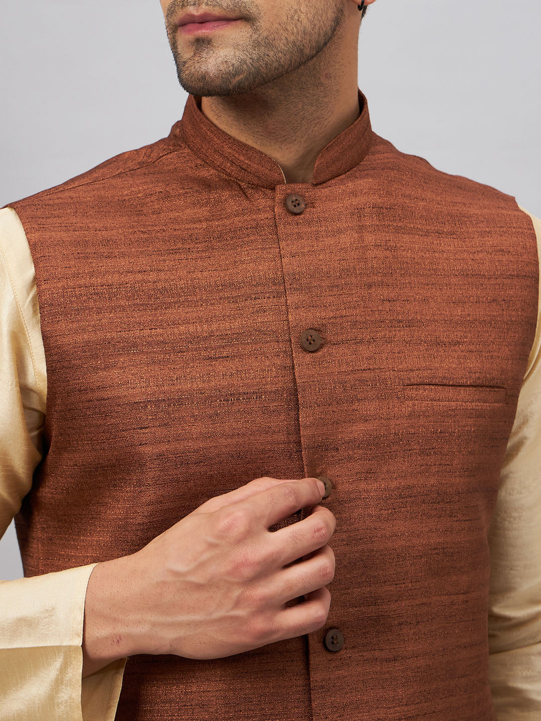 Men's Gold Silk Blend Straight Jacket Kurta and Pyjama Set