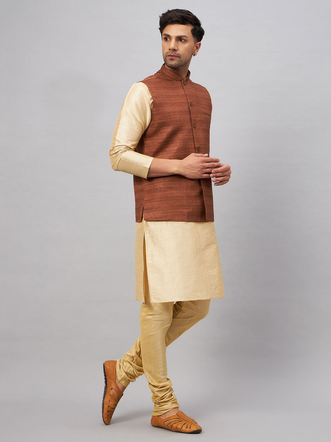 Men's Gold Silk Blend Straight Jacket Kurta and Pyjama Set