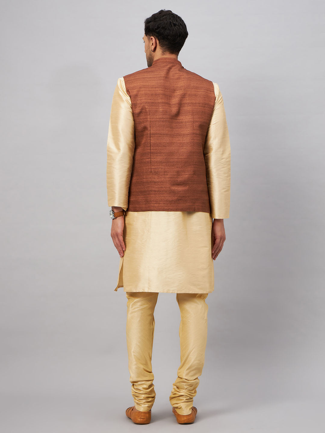 Men's Gold Silk Blend Straight Jacket Kurta and Pyjama Set