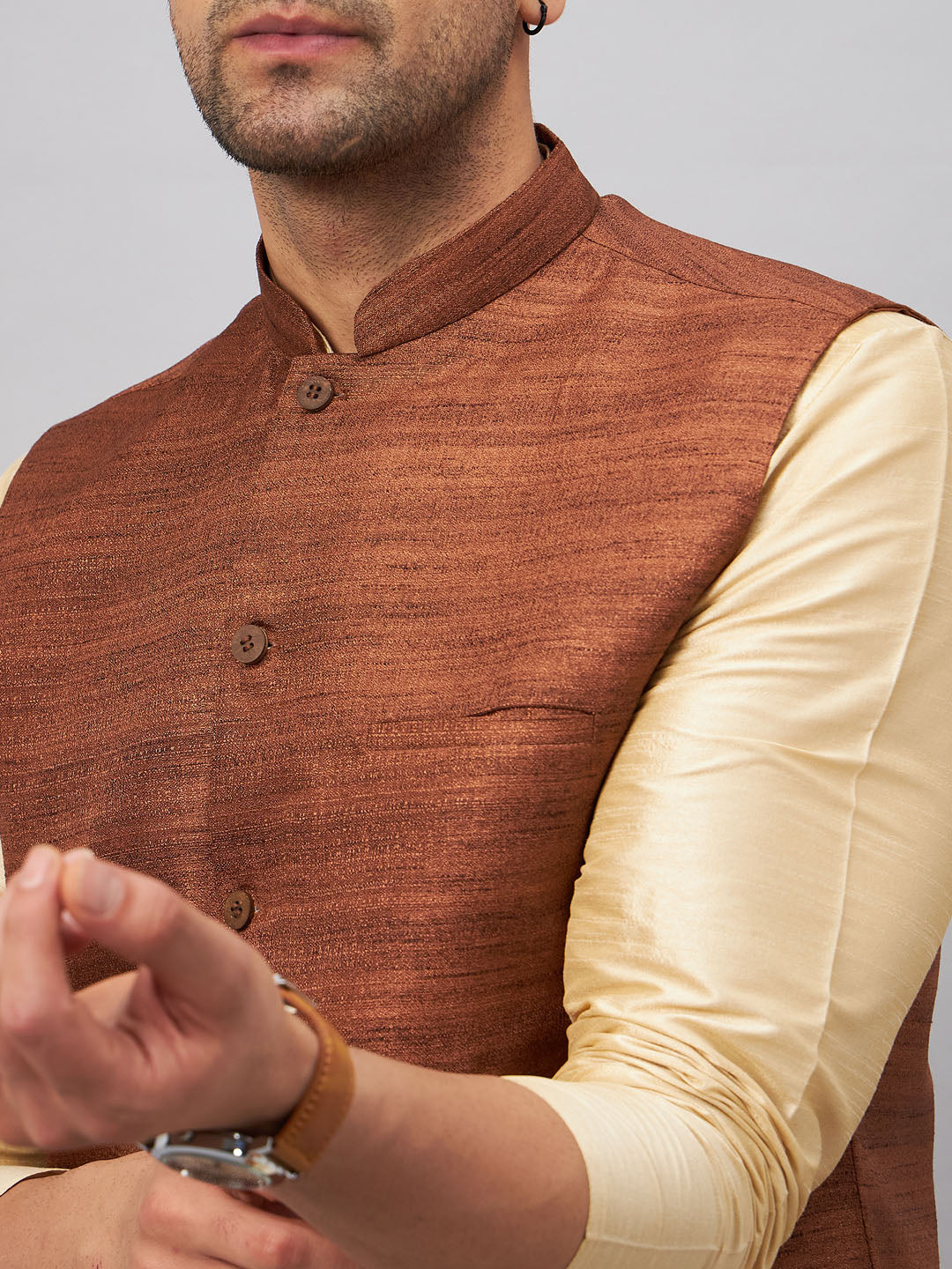 Men's Gold Silk Blend Straight Jacket Kurta and Pyjama Set