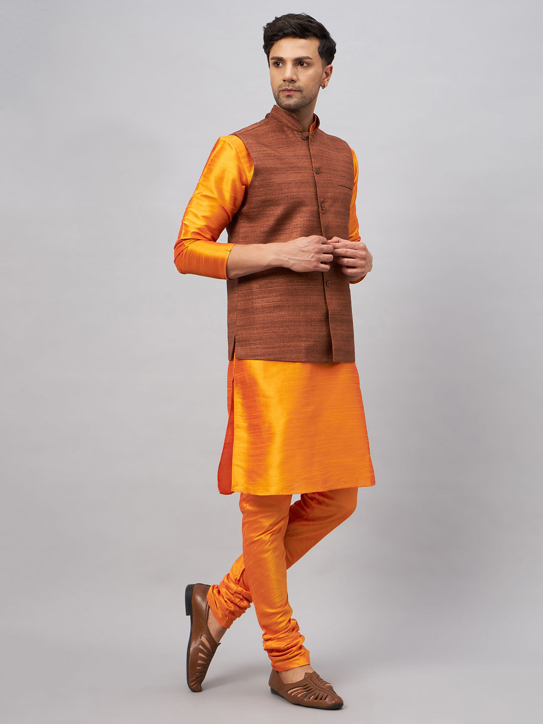 Men's Orange Silk Blend Straight Jacket Kurta and Pyjama Set