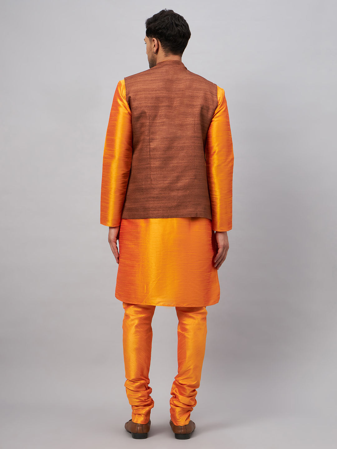 Men's Orange Silk Blend Straight Jacket Kurta and Pyjama Set