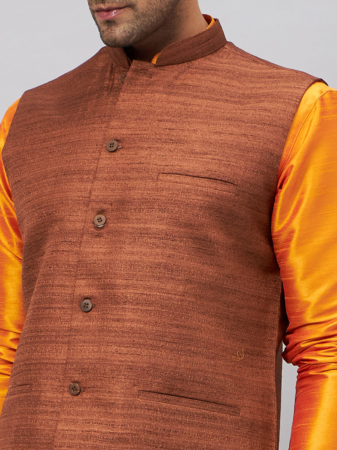 Men's Orange Silk Blend Straight Jacket Kurta and Pyjama Set