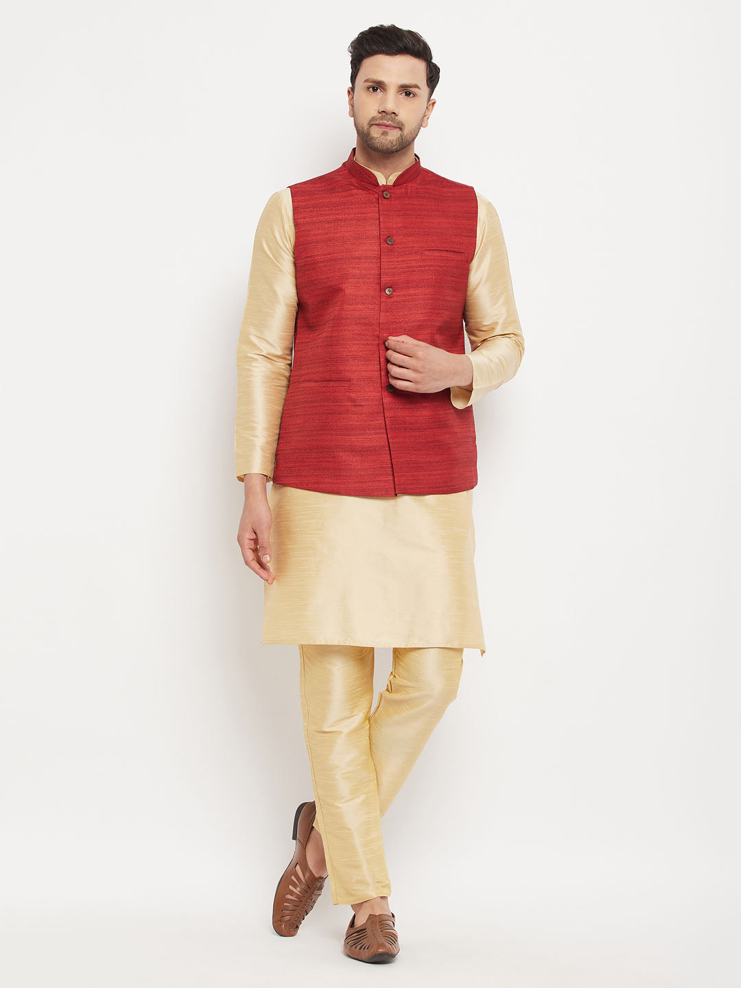 Men's Gold Silk Blend Straight Jacket Kurta and Pyjama Set