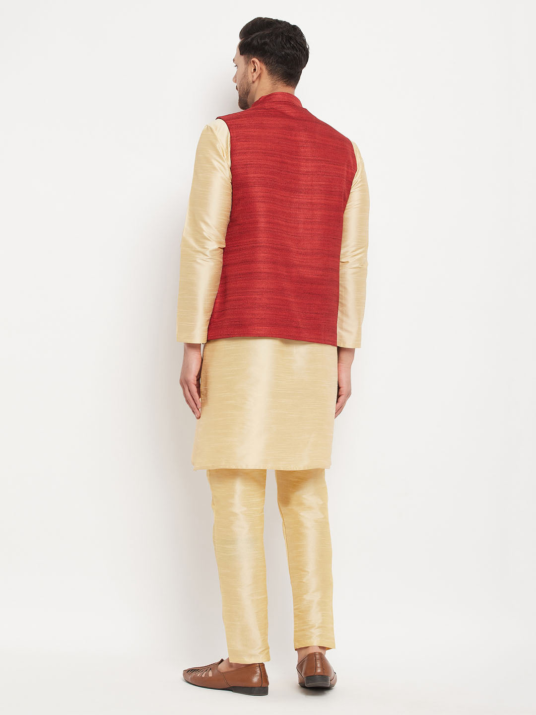Men's Gold Silk Blend Straight Jacket Kurta and Pyjama Set