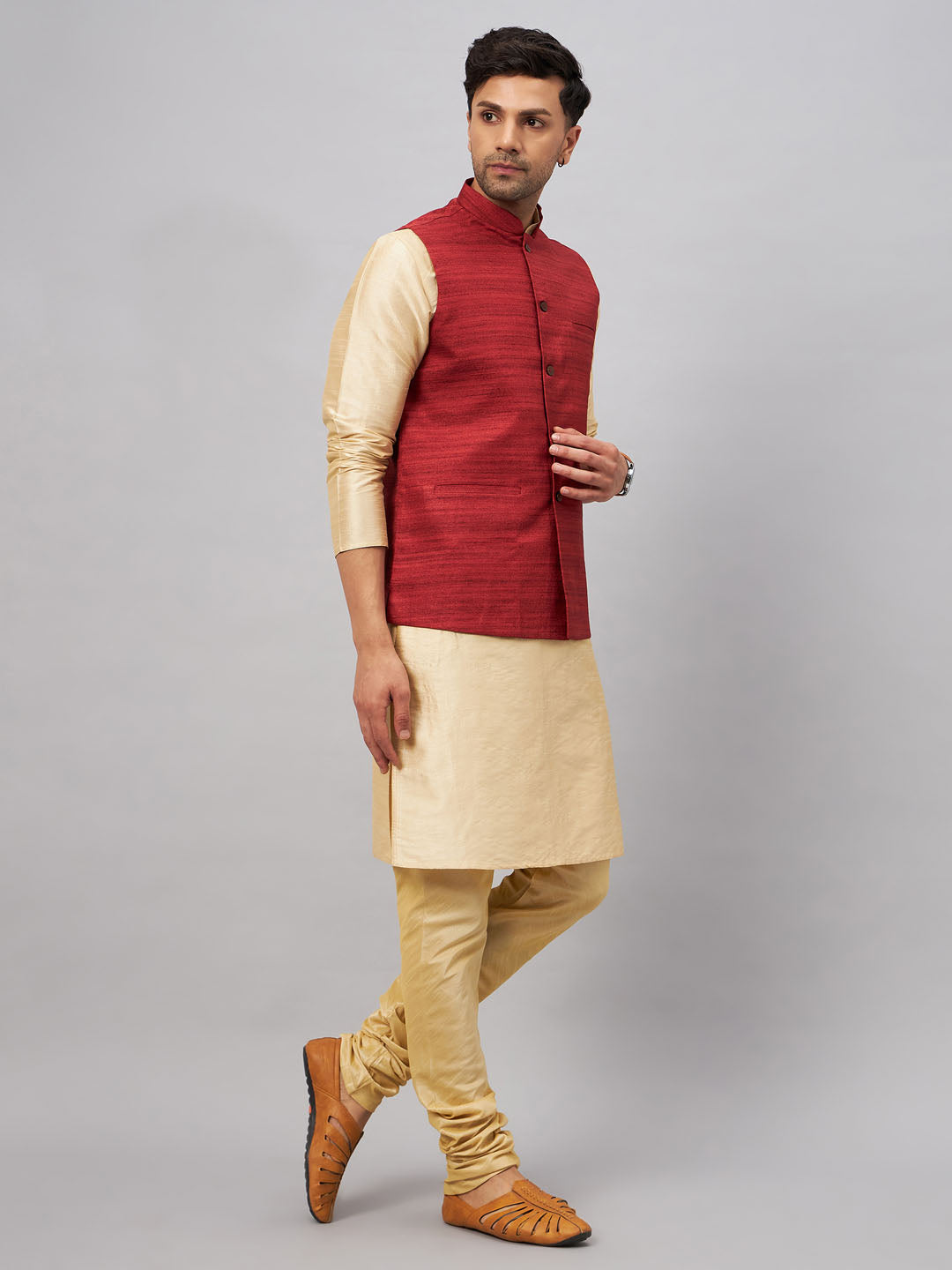 Men's Gold Silk Blend Straight Jacket Kurta and Pyjama Set