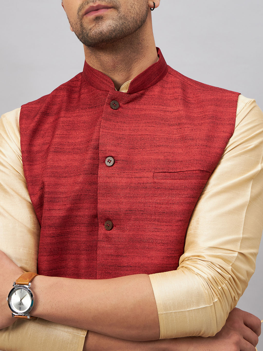 Men's Gold Silk Blend Straight Jacket Kurta and Pyjama Set