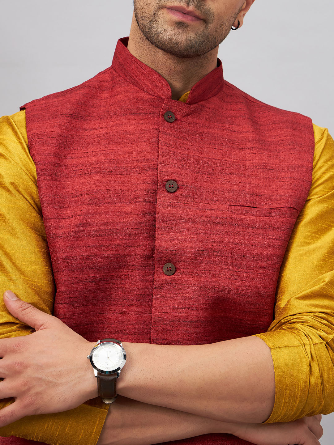 Men's Mustard Silk Blend Straight Jacket Kurta and Pyjama Set